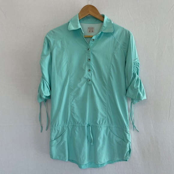 COLUMBIA PFG Omni-Shade Sun Protection Sz M Drawstring Pop Over Tunic Turquoise - Picture 11 of 11